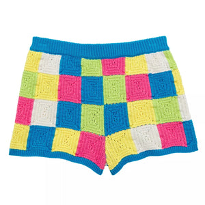 Design History - Crochet Checkered Shorts in Island Blue