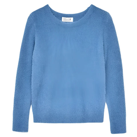 Round Neck Fuzzy Sweater - Blue