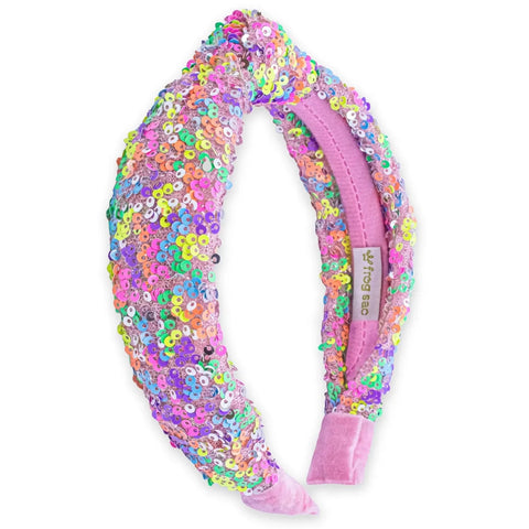 too! - Sparkly Sequin Knot Headband in Neon Rainbow