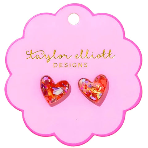 Stud Heart Earrings - Red/Pink Confetti