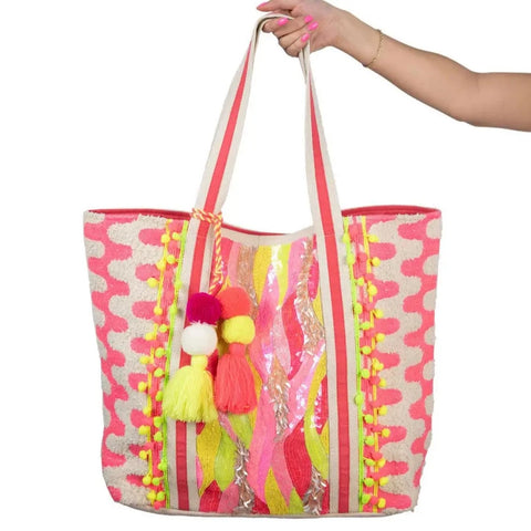 Katydid - Beaded Pink/Yellow Large Tote Bag