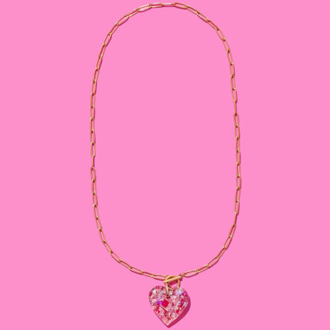 Paperclip Chain Heart Necklace - Pink Confetti