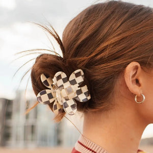 Denim & Daisy - Flower Hair Claw in Cream Checker