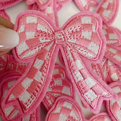 Checkered Pink Bow Patch