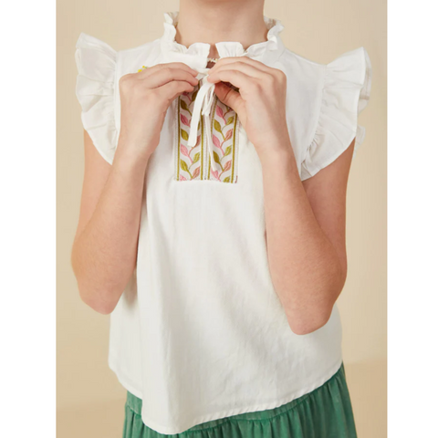 HAYDEN - Embroidered Ruffle Tank in White