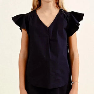 Ruffle Sleeve V-Neck Top - Navy