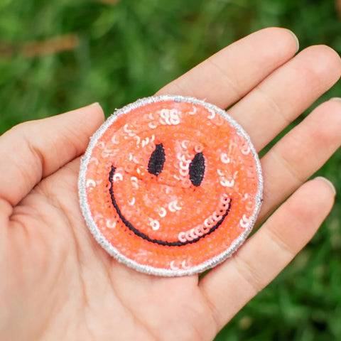 too! - Coral Sequin Smiley Patch