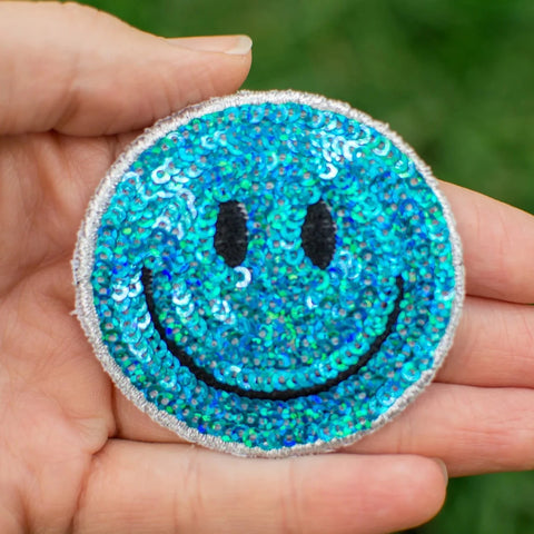 too! - Teal Sequin Smiley Patch