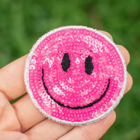 too! - Hot Pink Sequin Smiley Patch