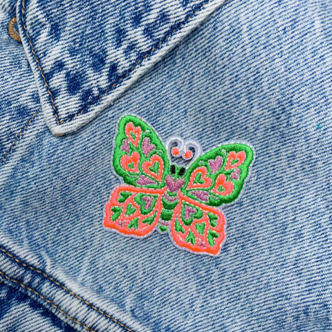 Wildflower + Co - Heart Butterfly Patch in Coral Pink and Lime Green